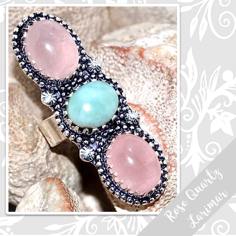 Larimar, Rose Quartz Large Silver Artisan Ring, Sz 8 Aqua / Turquoise Blue, Pink